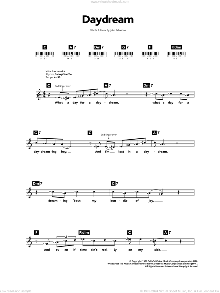 Daydream sheet music for piano solo (chords, lyrics, melody) by The Lovin' Spoonful and John Sebastian, intermediate piano (chords, lyrics, melody)