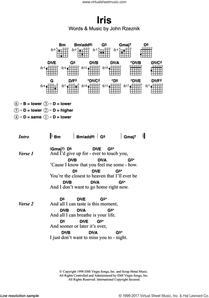 Iris sheet music for guitar (chords) by Goo Goo Dolls and John Rzeznik, intermediate skill level