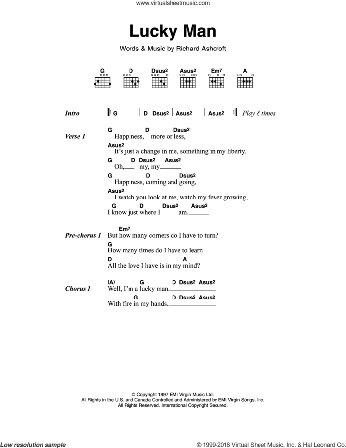 Lucky Man sheet music for guitar (chords) by The Verve and Richard Ashcroft, intermediate skill level