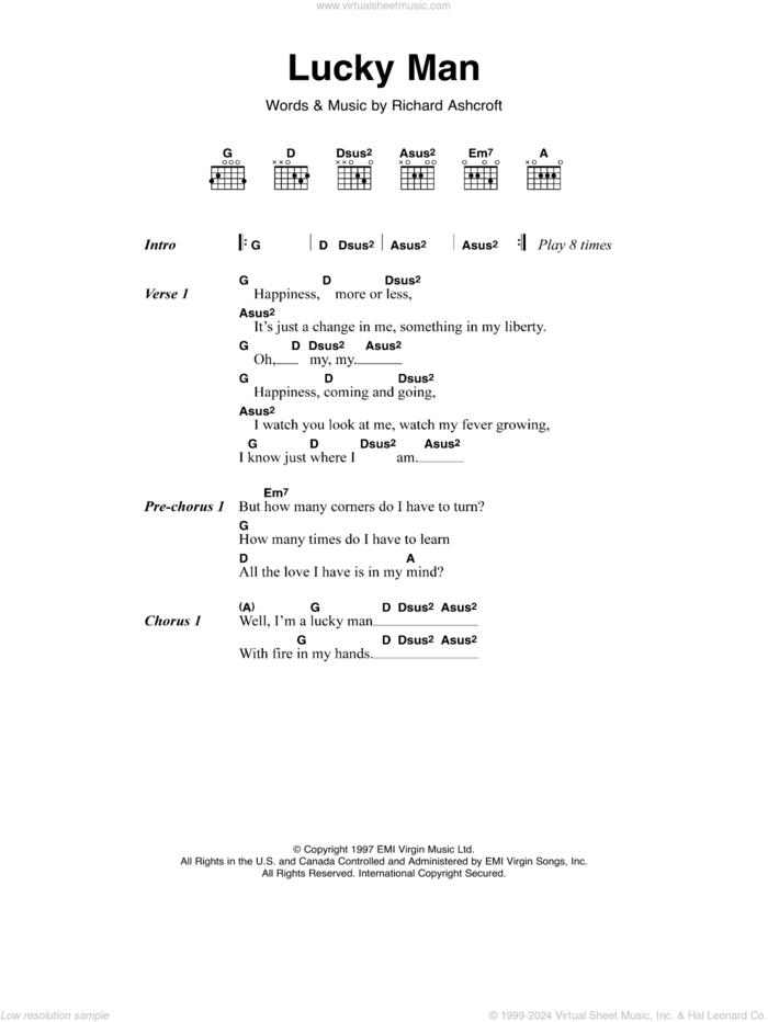 Lucky Man sheet music for guitar (chords) by The Verve and Richard Ashcroft, intermediate skill level