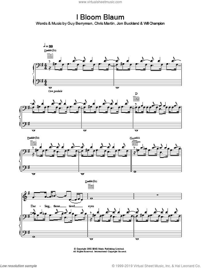 I Bloom Blaum sheet music for voice, piano or guitar by Coldplay, Chris Martin, Guy Berryman, Jon Buckland and Will Champion, intermediate skill level