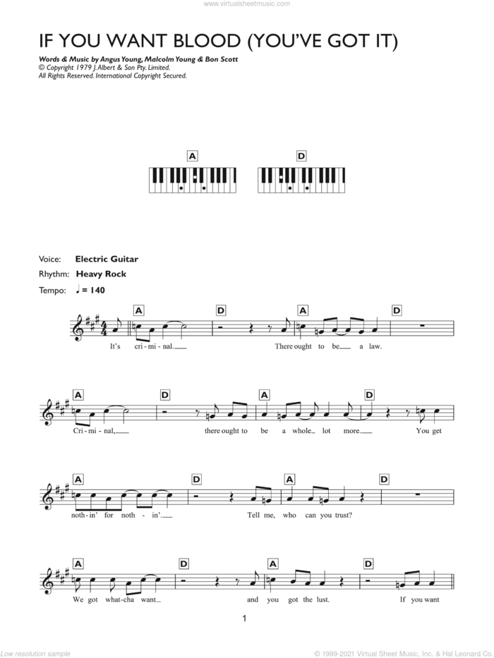 If You Want Blood (You've Got It) sheet music for piano solo (chords, lyrics, melody) by AC/DC, Angus Young, Bon Scott and Malcolm Young, intermediate piano (chords, lyrics, melody)