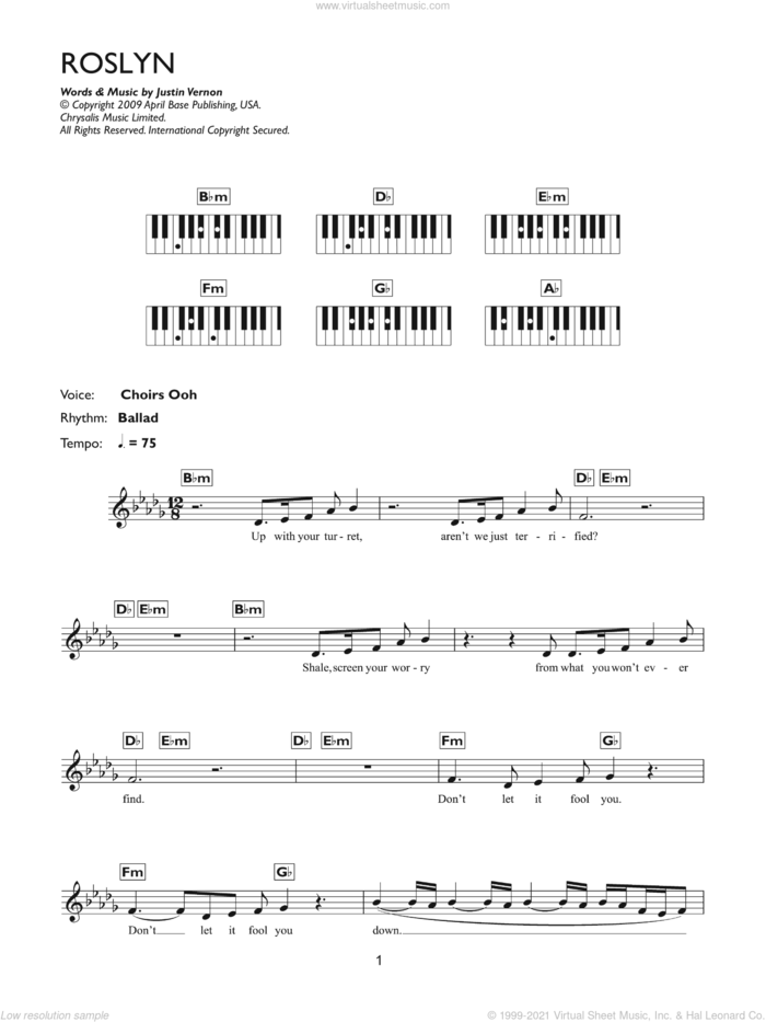 Roslyn sheet music for piano solo (chords, lyrics, melody) by Bon Iver, St. Vincent and Justin Vernon, intermediate piano (chords, lyrics, melody)