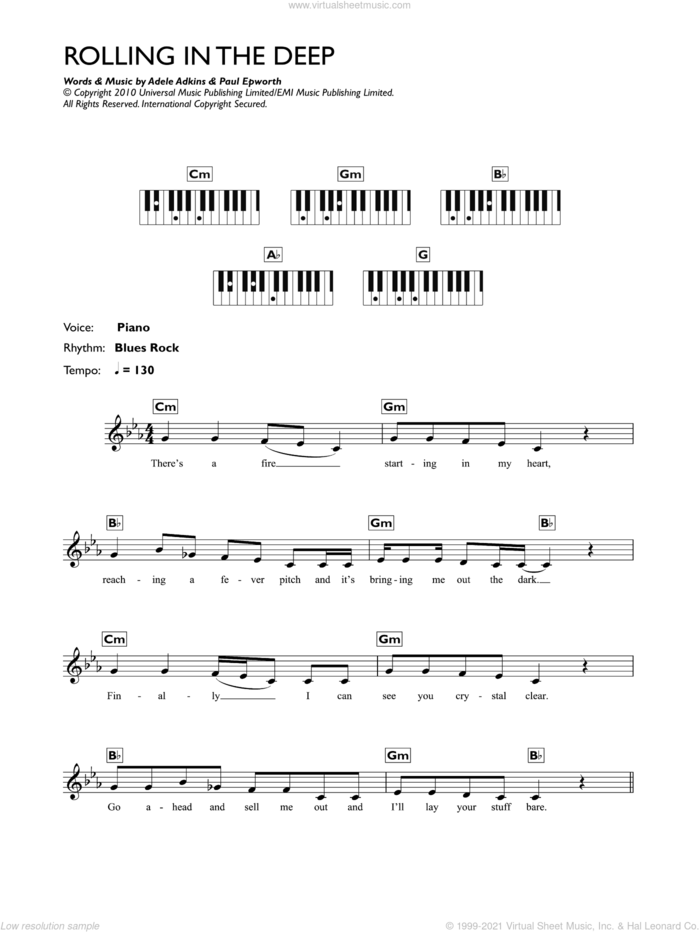 Rolling In The Deep sheet music for piano solo (chords, lyrics, melody) by Adele and Paul Epworth, intermediate piano (chords, lyrics, melody)