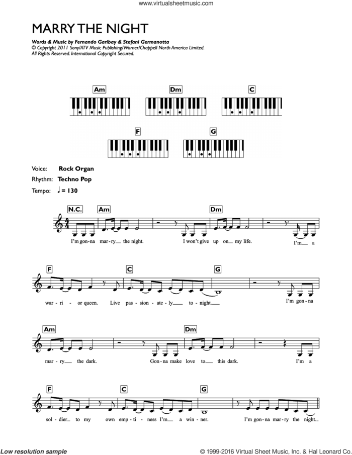 Marry The Night sheet music for piano solo (chords, lyrics, melody) by Lady Gaga and Fernando Garibay, intermediate piano (chords, lyrics, melody)