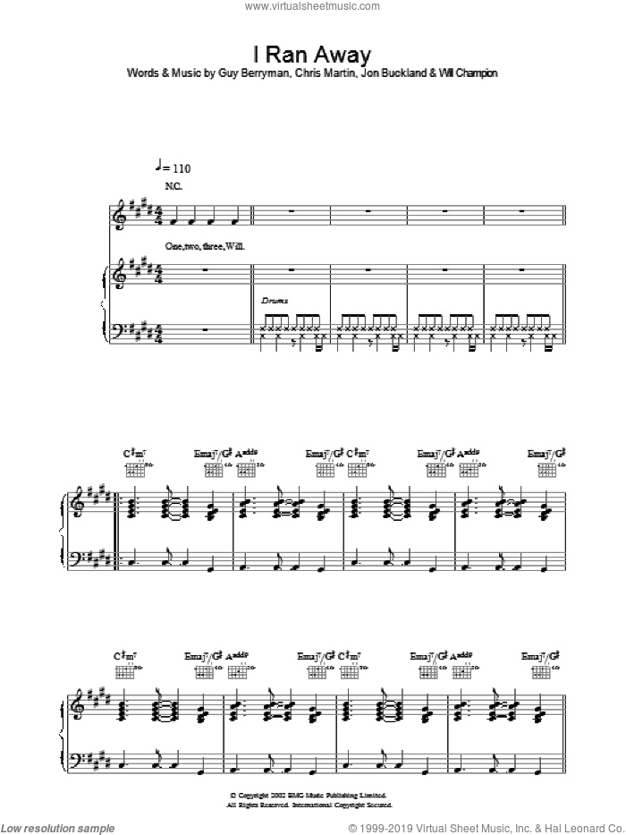 I Ran Away sheet music for voice, piano or guitar by Coldplay, Chris Martin, Guy Berryman, Jon Buckland and Will Champion, intermediate skill level