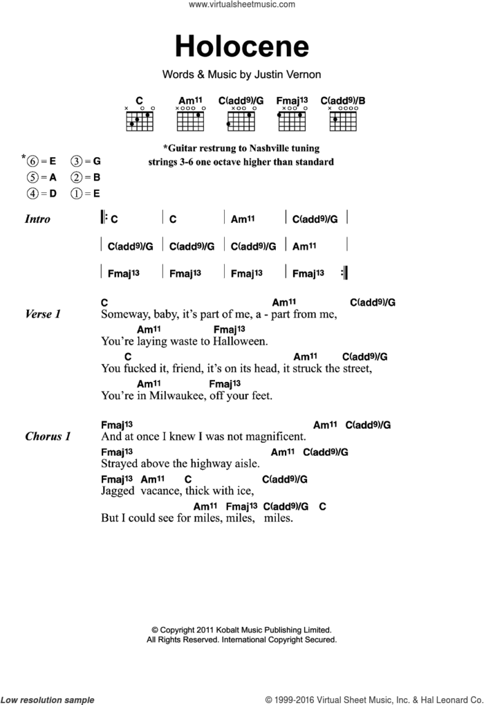 Holocene sheet music for guitar (chords) by Bon Iver and Justin Vernon, intermediate skill level
