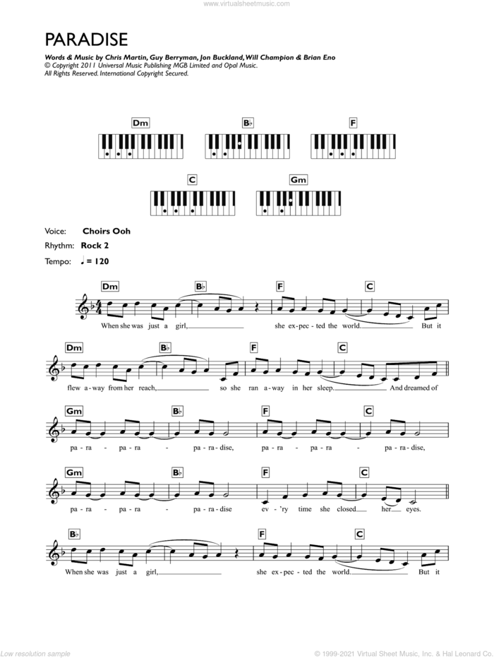 Paradise sheet music for piano solo (chords, lyrics, melody) by Coldplay, Brian Eno, Chris Martin, Guy Berryman, Jonny Buckland and Will Champion, intermediate piano (chords, lyrics, melody)