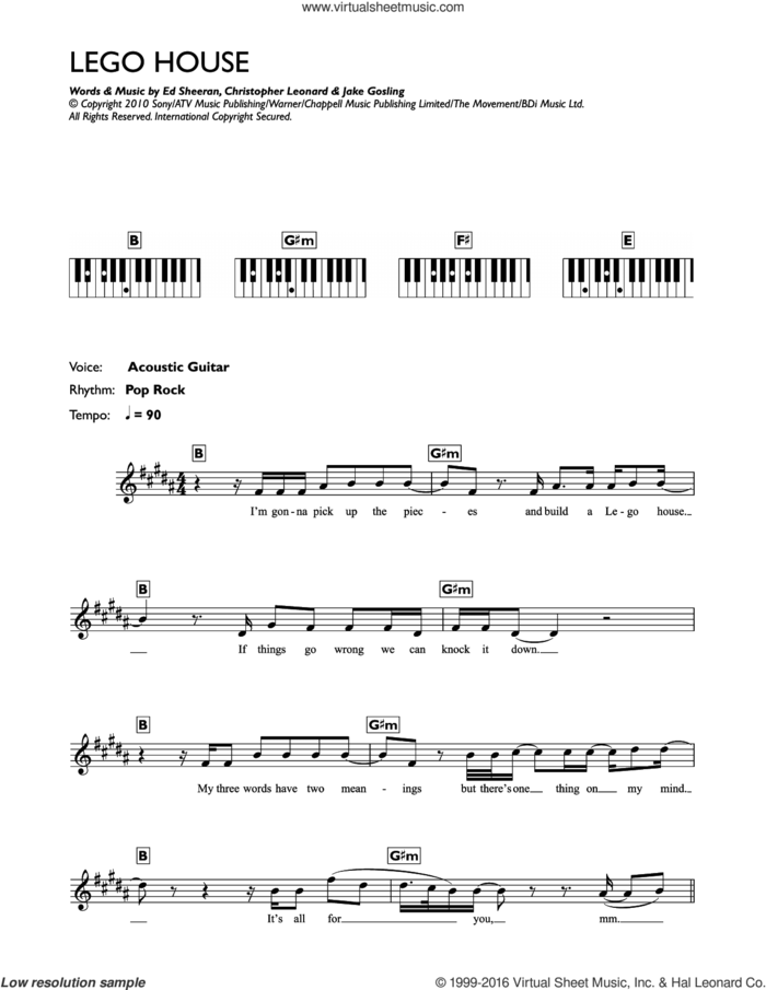 Lego House sheet music for piano solo (chords, lyrics, melody) by Ed Sheeran, Christopher Leonard and Jake Gosling, intermediate piano (chords, lyrics, melody)