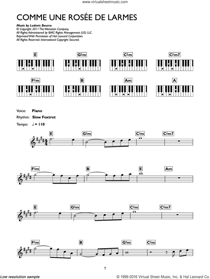 Comme Une Rosee De Larmes (from The Artist) sheet music for piano solo (chords, lyrics, melody) by Ludovic Bource, intermediate piano (chords, lyrics, melody)