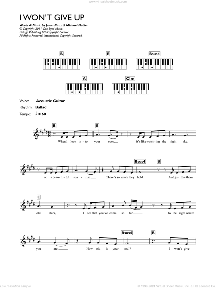 I Won't Give Up sheet music for piano solo (keyboard) by Jason Mraz and Michael Natter, wedding score, intermediate piano (keyboard)