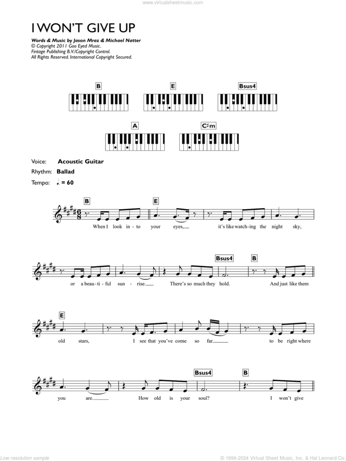 I Won't Give Up sheet music for piano solo (keyboard) by Jason Mraz and Michael Natter, wedding score, intermediate piano (keyboard)