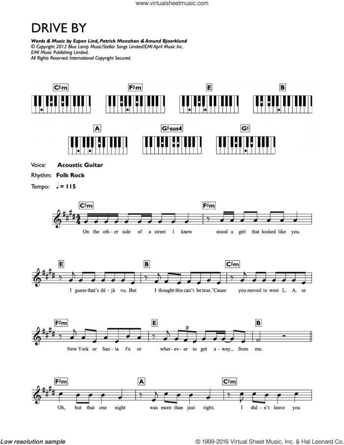 Drive By sheet music for piano solo (chords, lyrics, melody) by Train, Amund Bjoerklund, Espen Lind and Pat Monahan, intermediate piano (chords, lyrics, melody)