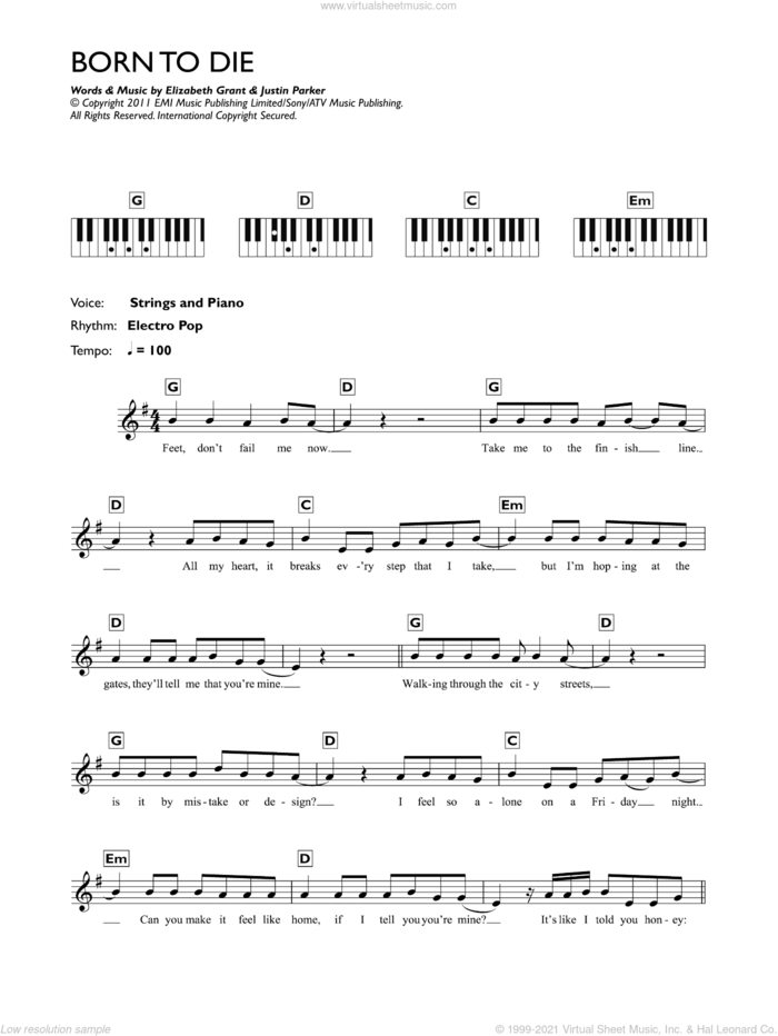 Born To Die sheet music for piano solo (chords, lyrics, melody) by Lana Del Rey, Elizabeth Grant and Justin Parker, intermediate piano (chords, lyrics, melody)