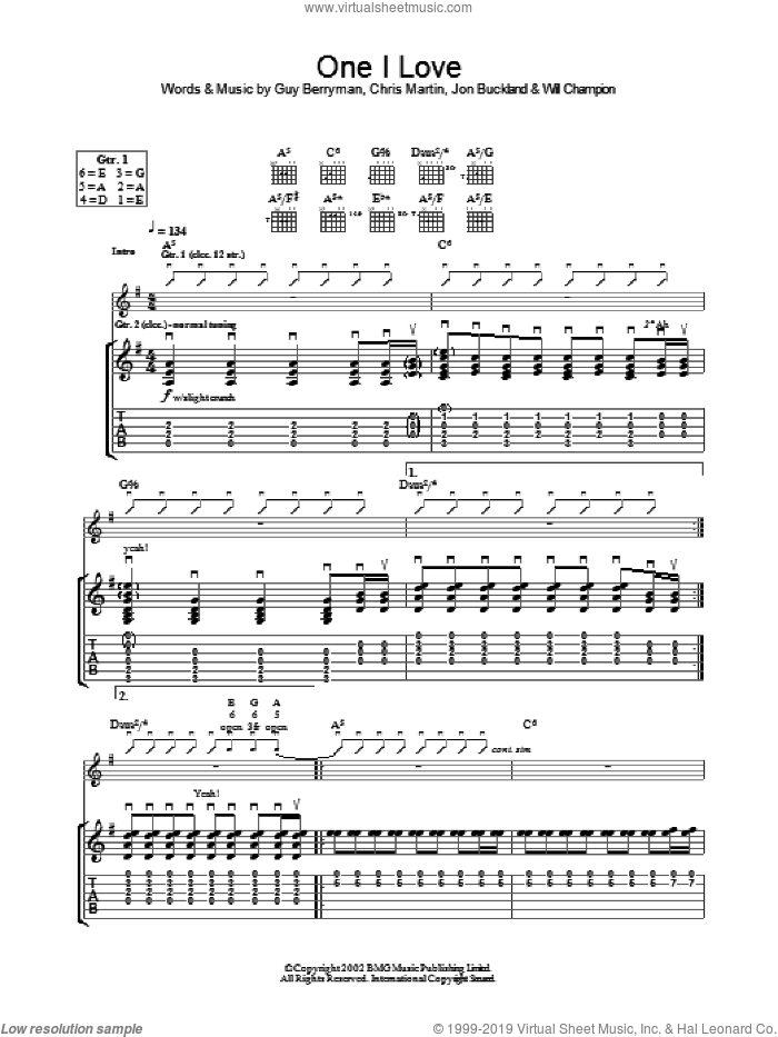 One I Love sheet music for guitar (tablature) by Coldplay, Chris Martin, Guy Berryman, Jon Buckland and Will Champion, intermediate skill level