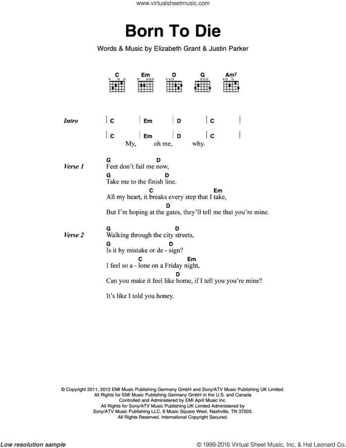 Born To Die sheet music for guitar (chords) by Lana Del Rey, Elizabeth Grant and Justin Parker, intermediate skill level