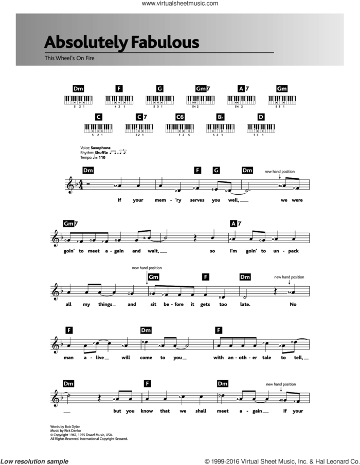 This Wheel's On Fire (theme from Absolutely Fabulous) sheet music for piano solo (chords, lyrics, melody) by Bob Dylan and Rick Danko, intermediate piano (chords, lyrics, melody)