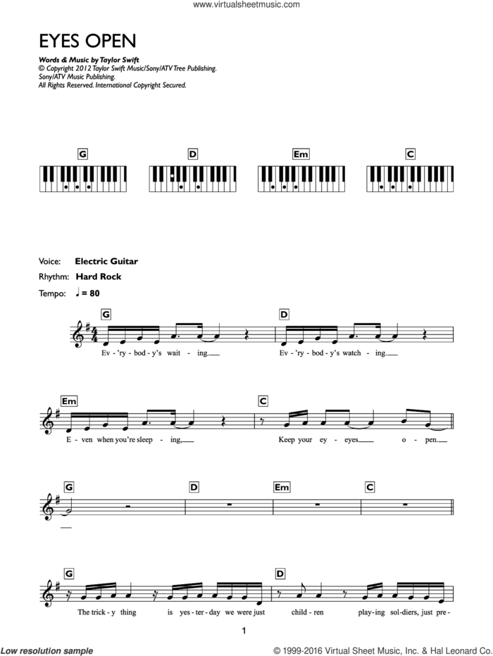 Eyes Open sheet music for piano solo (chords, lyrics, melody) by Taylor Swift, intermediate piano (chords, lyrics, melody)