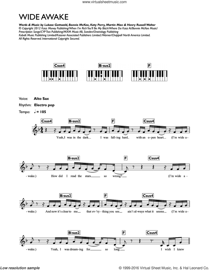 Wide Awake sheet music for piano solo (chords, lyrics, melody) by Katy Perry, Bonnie McKee, Henry Russell Walter, Lukasz Gottwald and Martin Max, intermediate piano (chords, lyrics, melody)