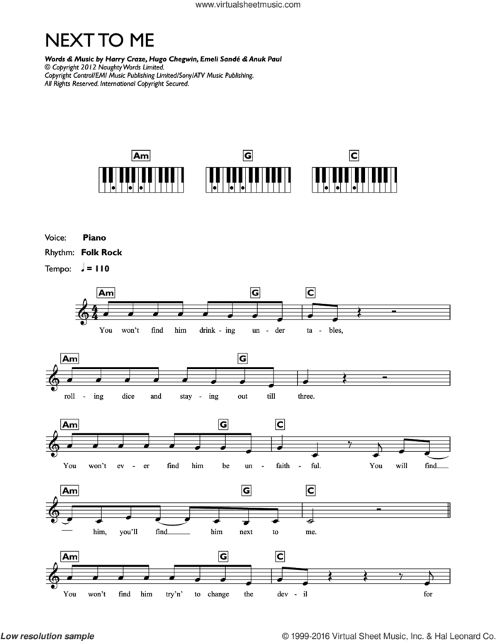 Next To Me (Next To You) sheet music for piano solo (chords, lyrics, melody) by Emeli Sande, Anup Kumar Paul, Harry Craze and Hugo Chegwin, intermediate piano (chords, lyrics, melody)