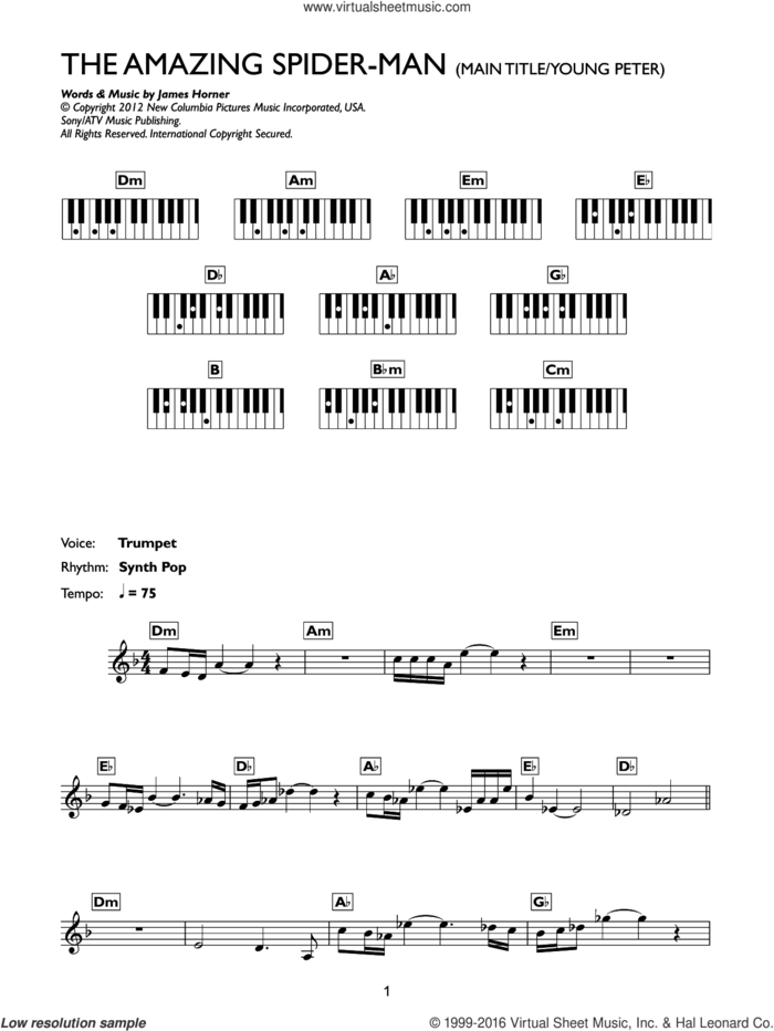 Main Title / Young Peter (From The Amazing Spider-Man) sheet music for piano solo (chords, lyrics, melody) by James Horner, intermediate piano (chords, lyrics, melody)