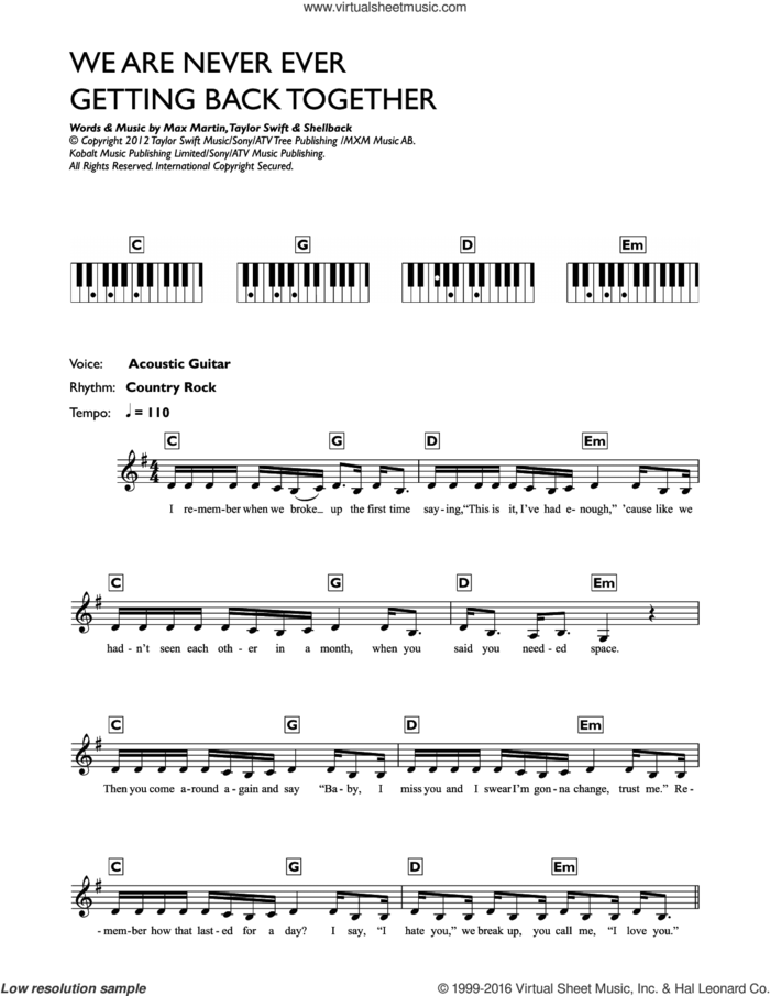 We Are Never Ever Getting Back Together sheet music for piano solo (chords, lyrics, melody) by Taylor Swift, Max Martin and Shellback, intermediate piano (chords, lyrics, melody)