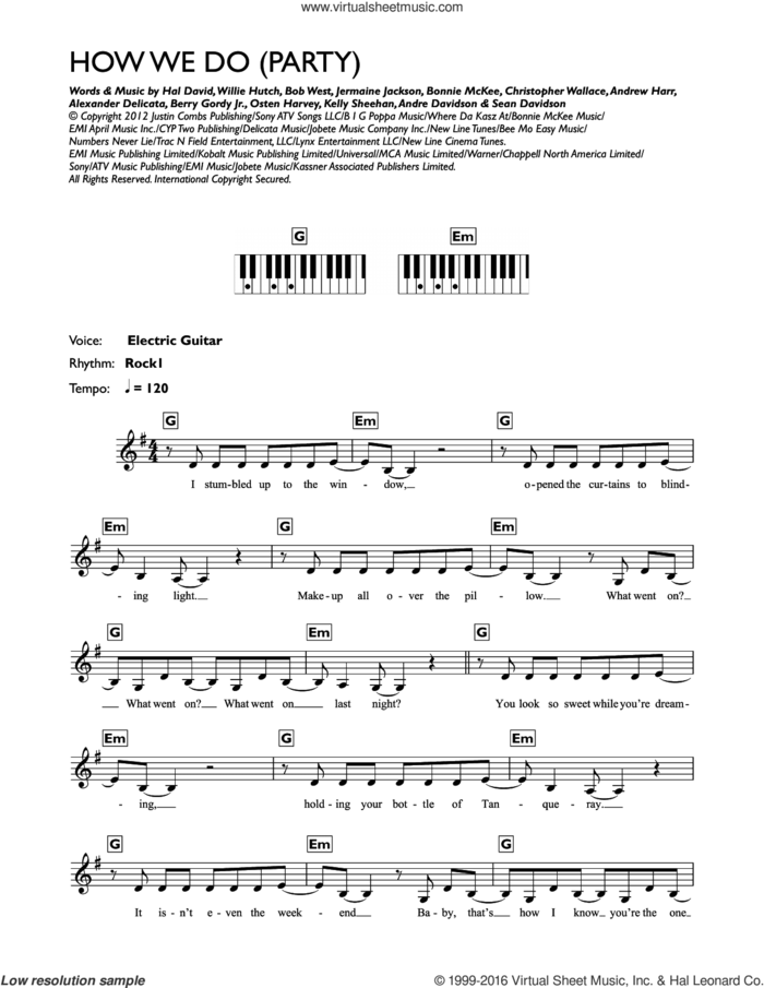 How We Do (Party) sheet music for piano solo (chords, lyrics, melody) by Rita Ora, Alexander Delicata, Andre Davidson, Andrew Harr, Berry Gordy Jr., Bob West, Bonnie McKee, Christopher Wallace, Hal David, Jermaine Jackson, Kelly Sheehan, Osten Harvey, Sean Davidson and Willie Hutch, intermediate piano (chords, lyrics, melody)