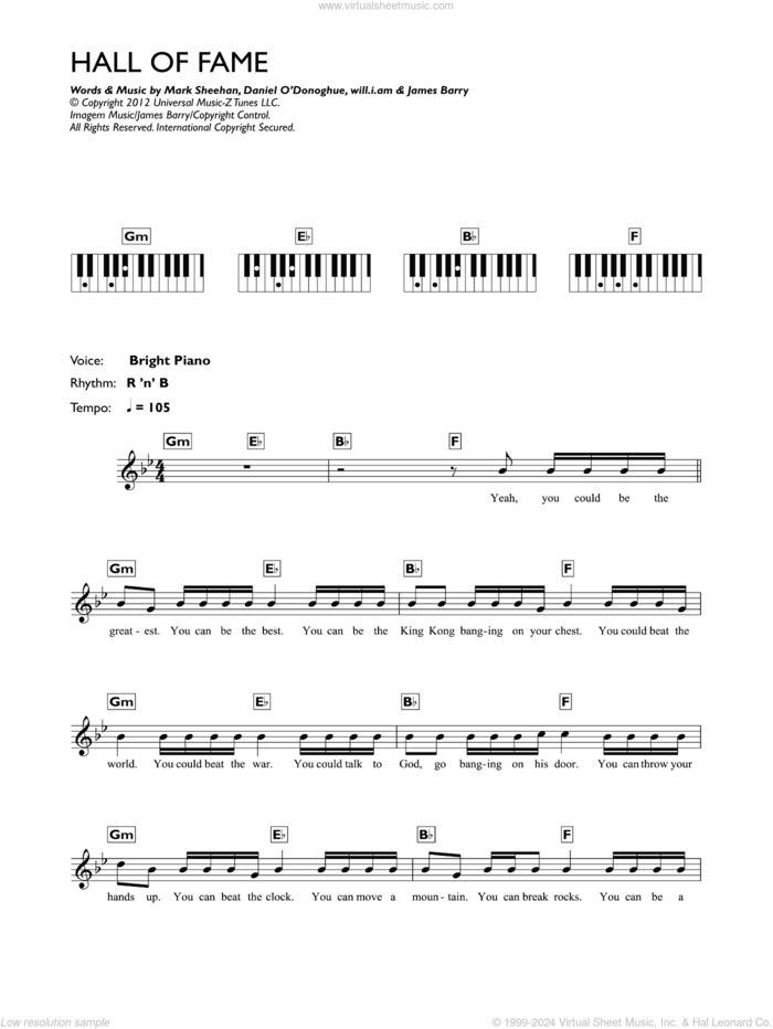 Hall Of Fame (featuring will.i.am) sheet music for piano solo (chords, lyrics, melody) by The Script, James Barry, Mark Sheehan and Will.i.am, intermediate piano (chords, lyrics, melody)