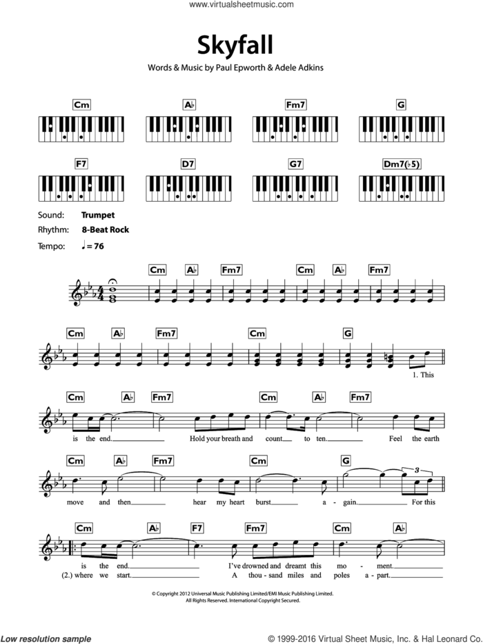 Skyfall sheet music for piano solo (chords, lyrics, melody) by Adele and Paul Epworth, intermediate piano (chords, lyrics, melody)