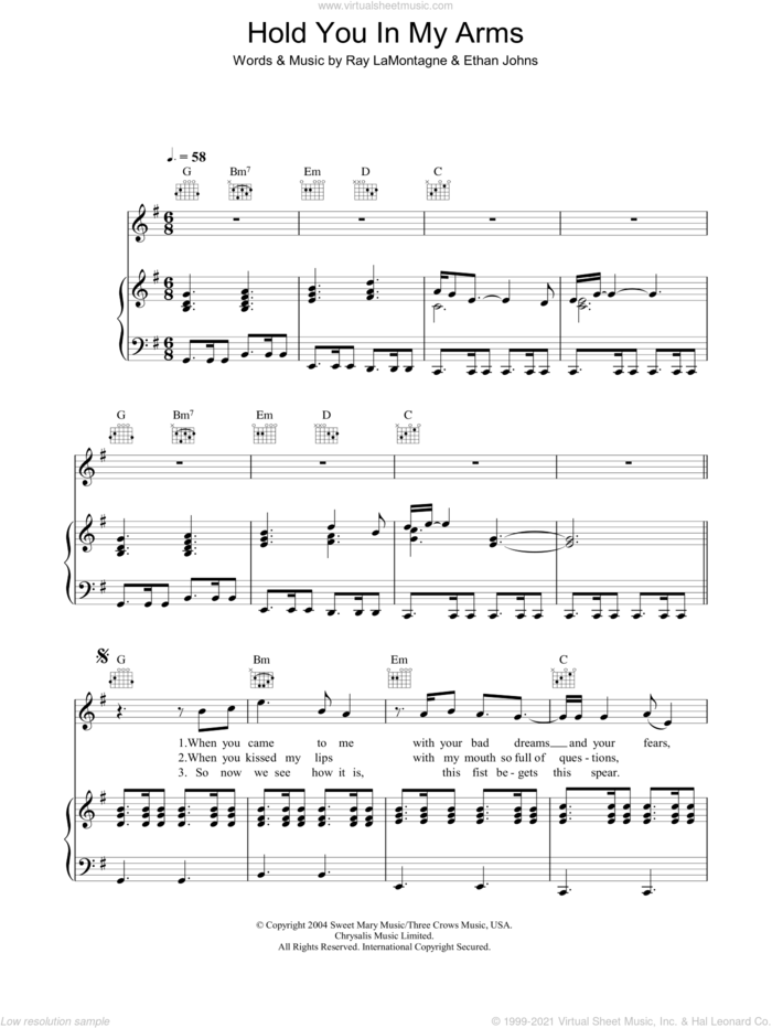 Hold You In My Arms sheet music for voice, piano or guitar by Ray LaMontagne and Ethan Johns, intermediate skill level