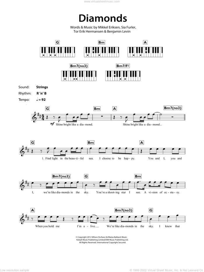 Diamonds sheet music for piano solo (chords, lyrics, melody) by Rihanna, Benjamin Levin, Mikkel Eriksen, Sia Furler and Tor Erik Hermansen, intermediate piano (chords, lyrics, melody)