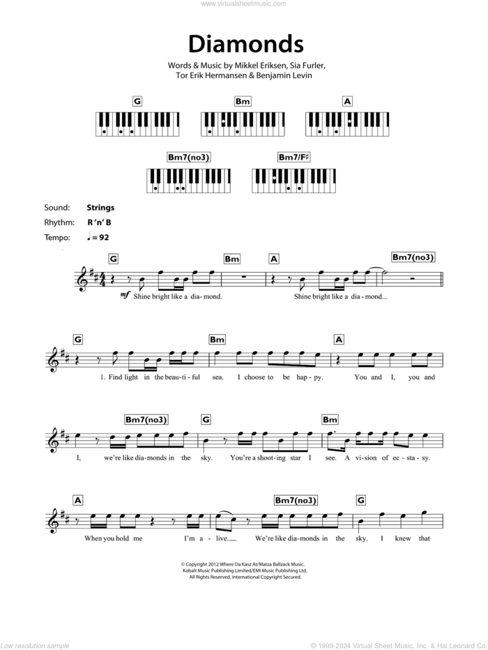 Diamonds sheet music for piano solo (chords, lyrics, melody) by Rihanna, Benjamin Levin, Mikkel Eriksen, Sia Furler and Tor Erik Hermansen, intermediate piano (chords, lyrics, melody)