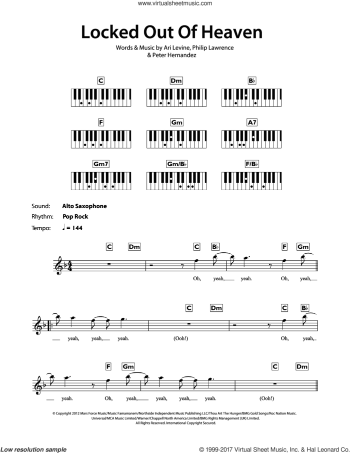 Locked Out Of Heaven sheet music for piano solo (chords, lyrics, melody) by Bruno Mars, Ari Levine, Peter Hernandez and Philip Lawrence, intermediate piano (chords, lyrics, melody)