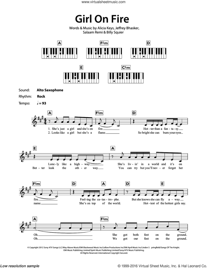 Girl On Fire sheet music for piano solo (chords, lyrics, melody) by Alicia Keys, Billy Squier, Jeffrey Bhasker and Salaam Remi, intermediate piano (chords, lyrics, melody)