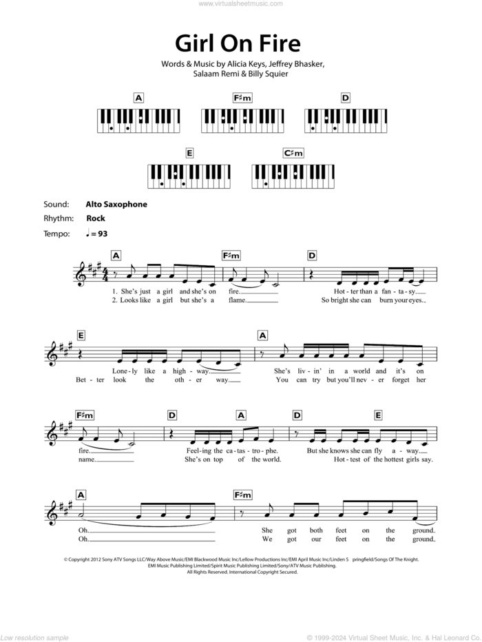 Girl On Fire sheet music for piano solo (chords, lyrics, melody) by Alicia Keys, Billy Squier, Jeffrey Bhasker and Salaam Remi, intermediate piano (chords, lyrics, melody)