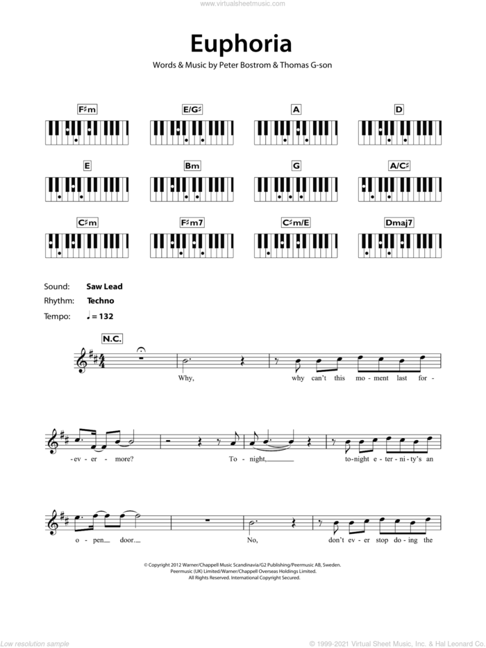 Euphoria sheet music for piano solo (chords, lyrics, melody) by Loreen, Peter Bostrom and Thomas G:son, intermediate piano (chords, lyrics, melody)
