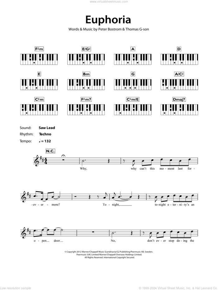 Euphoria sheet music for piano solo (chords, lyrics, melody) by Loreen, Peter Bostrom and Thomas G:son, intermediate piano (chords, lyrics, melody)