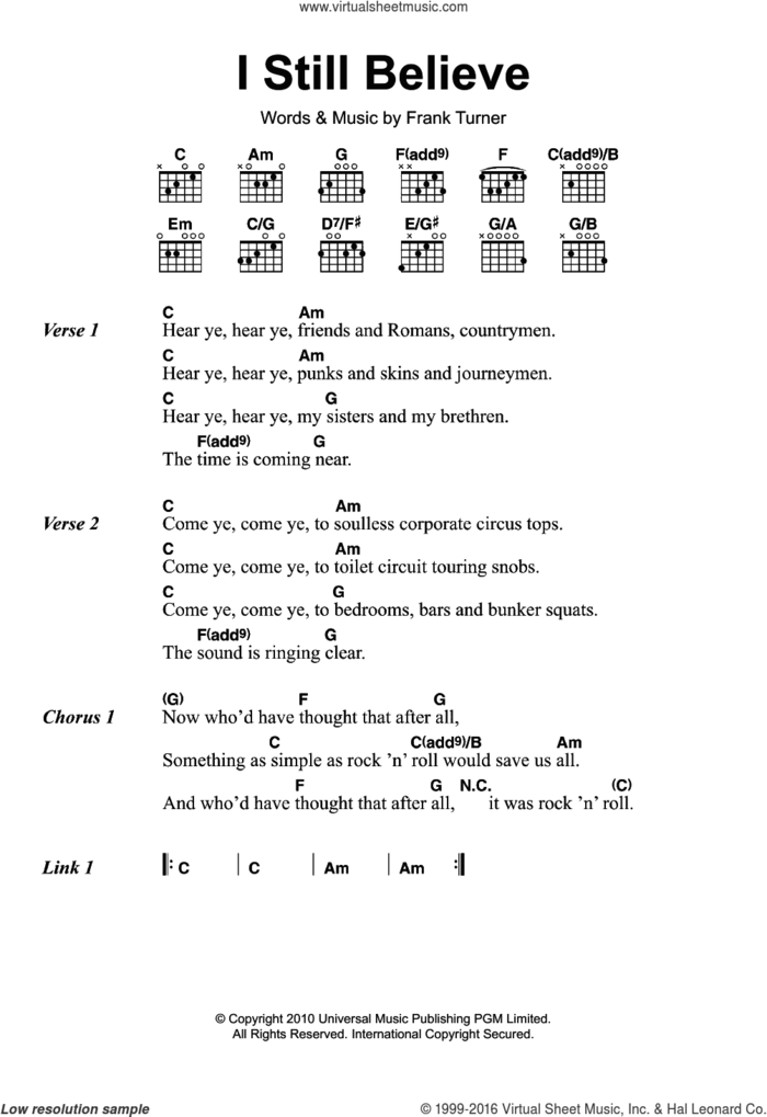 I Still Believe sheet music for guitar (chords) by Frank Turner, intermediate skill level