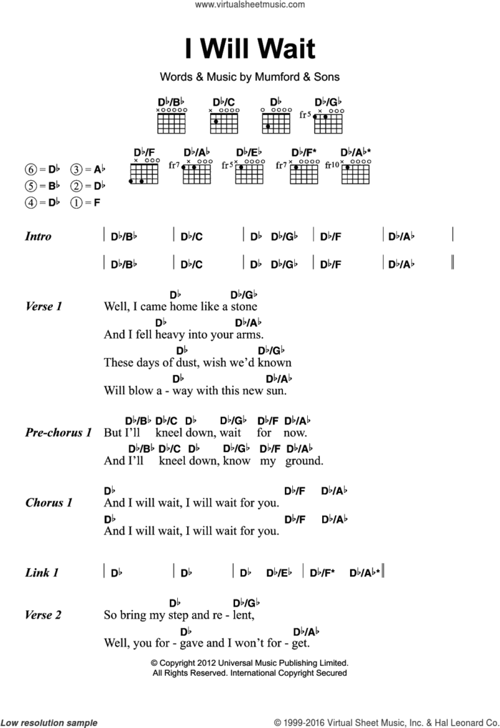 I Will Wait sheet music for guitar (chords) by Mumford & Sons and Marcus Mumford, intermediate skill level