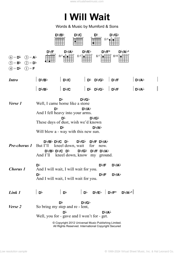 I Will Wait sheet music for guitar (chords) by Mumford & Sons and Marcus Mumford, intermediate skill level