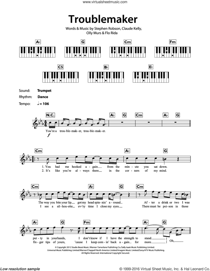 Troublemaker sheet music for piano solo (chords, lyrics, melody) by Olly Murs, Claude Kelly, Flo Rida, Oliver Murs and Steve Robson, intermediate piano (chords, lyrics, melody)
