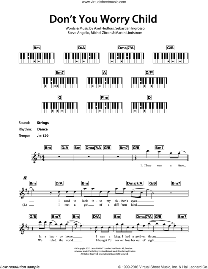Don't You Worry Child sheet music for piano solo (chords, lyrics, melody) by Swedish House Mafia, Axel Hedfors, Martin Lindstrom, Michel Zitron, Sebastian Ingrosso and Steve Angello, intermediate piano (chords, lyrics, melody)