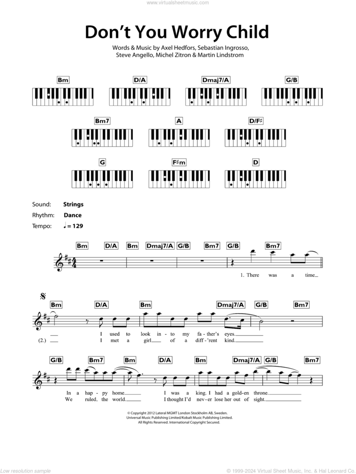 Don't You Worry Child sheet music for piano solo (chords, lyrics, melody) by Swedish House Mafia, Axel Hedfors, Martin Lindstrom, Michel Zitron, Sebastian Ingrosso and Steve Angello, intermediate piano (chords, lyrics, melody)