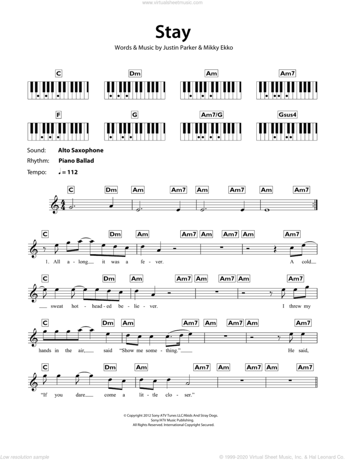 Stay sheet music for piano solo (chords, lyrics, melody) by Rihanna, Justin Parker and Mikky Ekko, intermediate piano (chords, lyrics, melody)