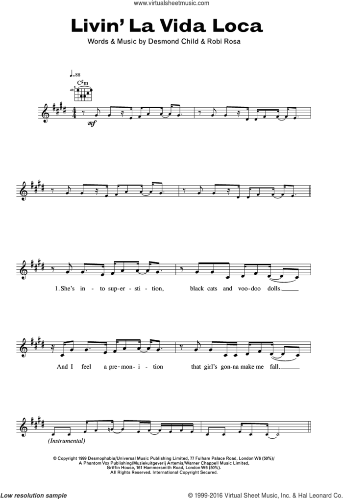Livin' La Vida Loca sheet music for voice and other instruments (fake book) by Ricky Martin, Desmond Child and Robi Rosa, intermediate skill level
