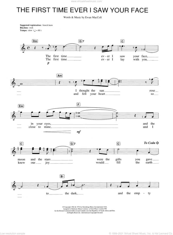 The First Time Ever I Saw Your Face sheet music for piano solo (chords, lyrics, melody) by Johnny Mathis, Alison Moyet and Ewan MacColl, intermediate piano (chords, lyrics, melody)