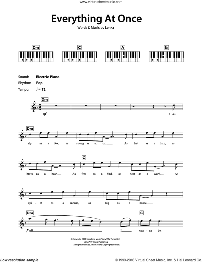 Everything At Once sheet music for piano solo (chords, lyrics, melody) by Lenka, intermediate piano (chords, lyrics, melody)