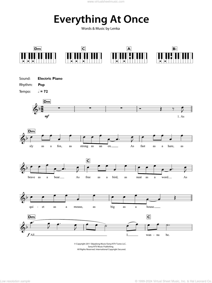 Everything At Once sheet music for piano solo (chords, lyrics, melody) by Lenka, intermediate piano (chords, lyrics, melody)