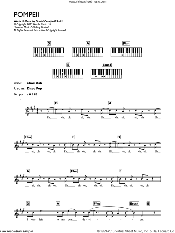 Pompeii sheet music for piano solo (chords, lyrics, melody) by Bastille and Daniel Campbell Smith, intermediate piano (chords, lyrics, melody)