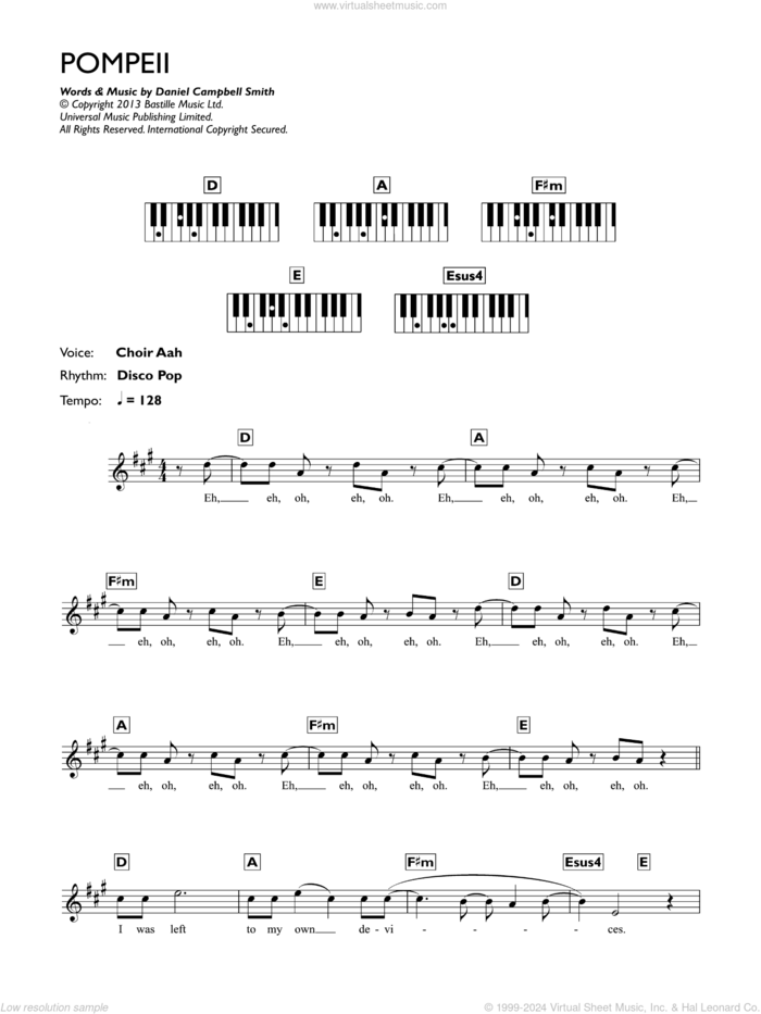 Pompeii sheet music for piano solo (chords, lyrics, melody) by Bastille and Daniel Campbell Smith, intermediate piano (chords, lyrics, melody)